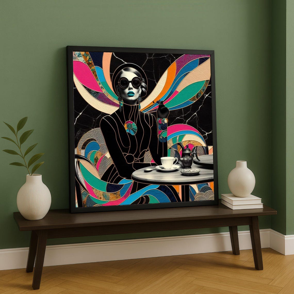 Modern Glam Woman With Sunglasses Abstract Colorful Swirls Canvas Stylish Female Portrait Wall Art Contemporary Fashion Decor Ready To