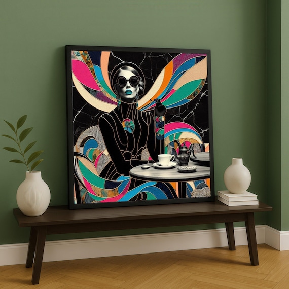 Glam Woman With Round Sunglasses Cafe Art Deco Colorful Swirls Poster