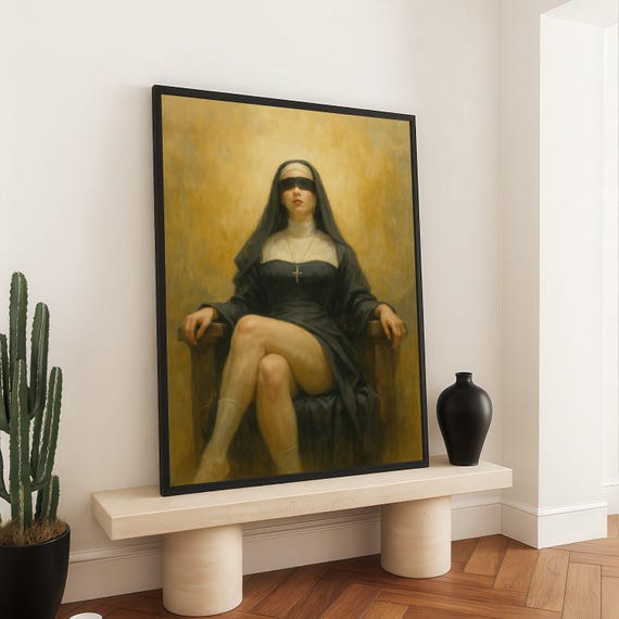 Blindfolded Nun Sitting Religious Canvas Wall Art Gothic Woman Portrait Dark Mood Home Decor Modern Spiritual