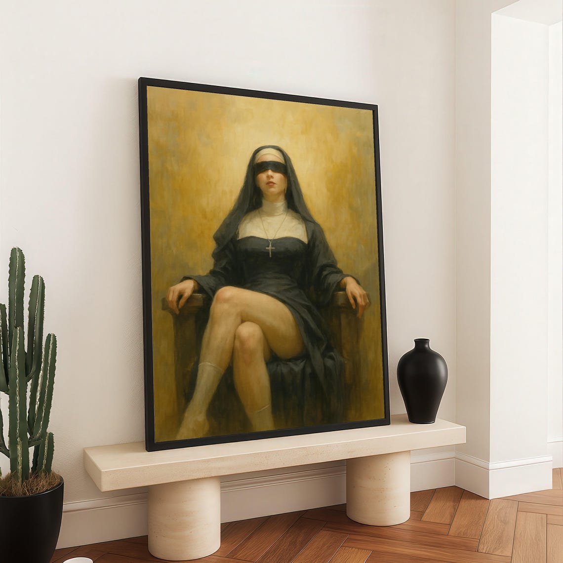 Blindfolded Nun Seated Gothic Oil Portrait Dark Religious Wall Art