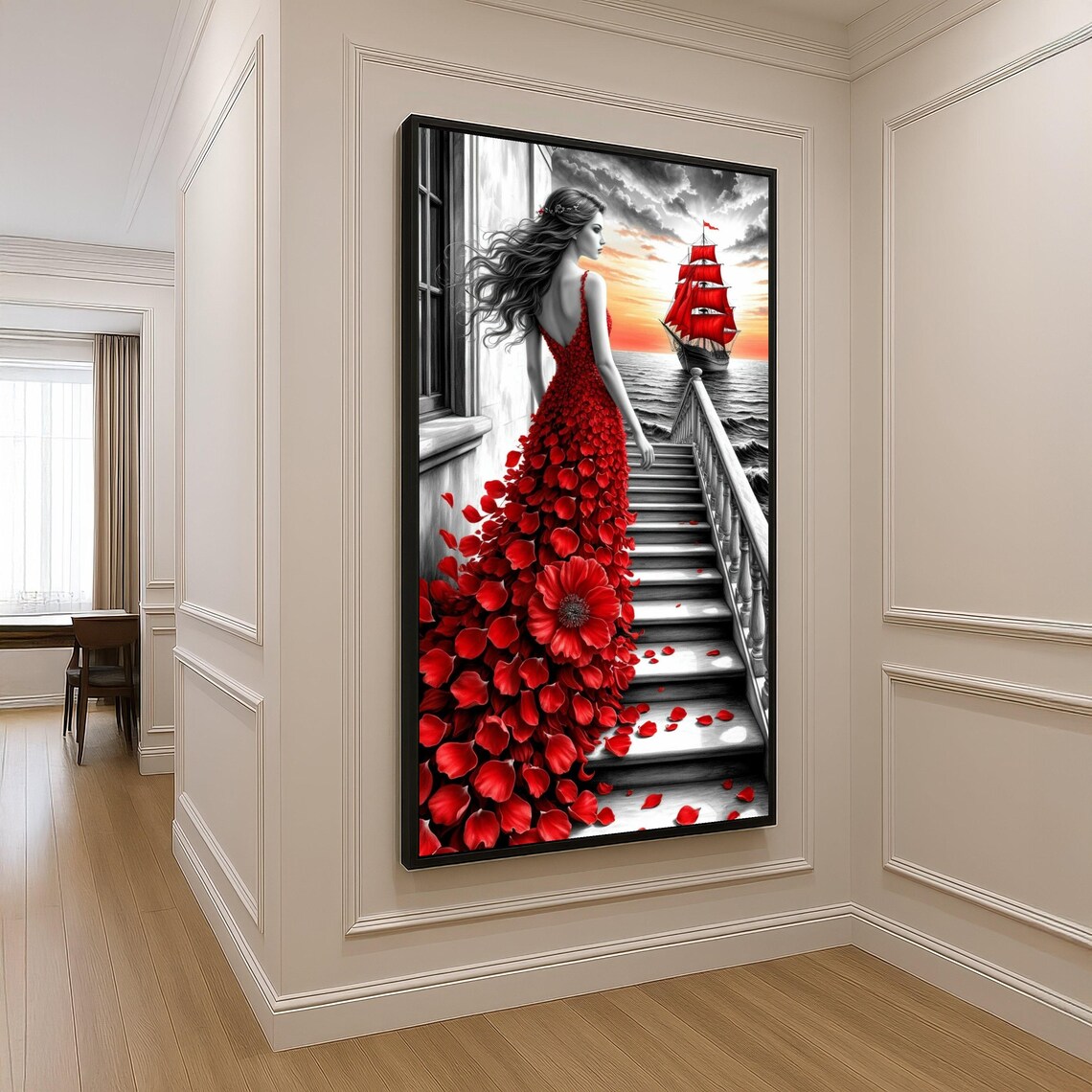 Woman in Red Rose Petal Dress Sea Stairway Tall Ship Art Poster