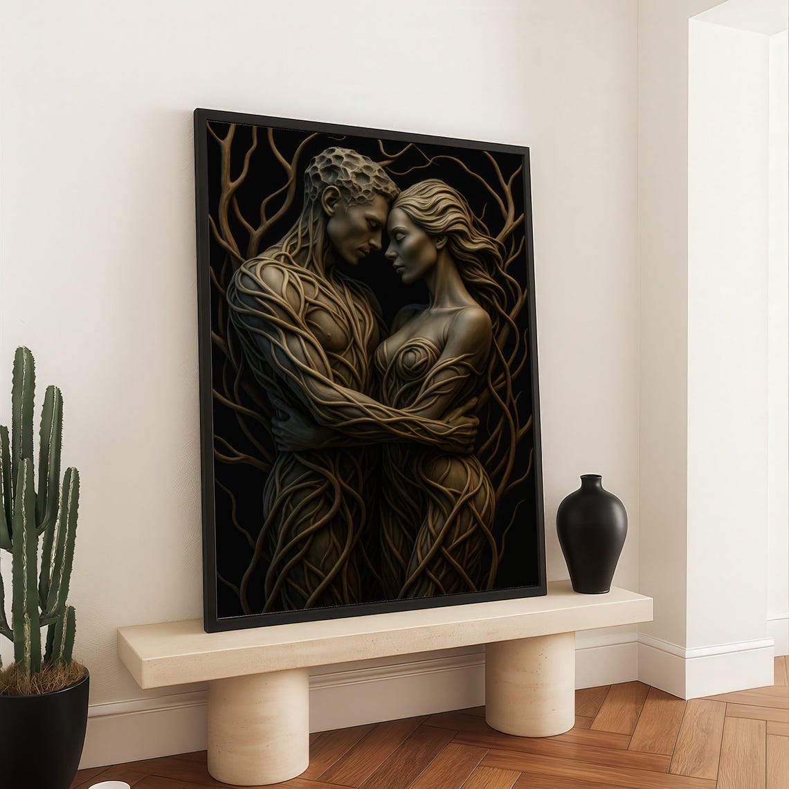 Tree Root Couple Embracing Dark Romantic Nature Fantasy Wall Art