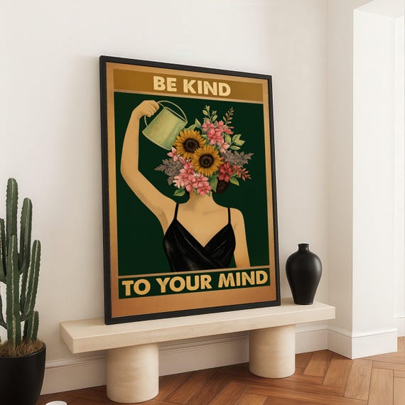 Be Kind To Your Mind Canvas Wall Art Floral Woman Illustration Inspirational Quote Print Mental Wellness Decor Nature And Selfcare