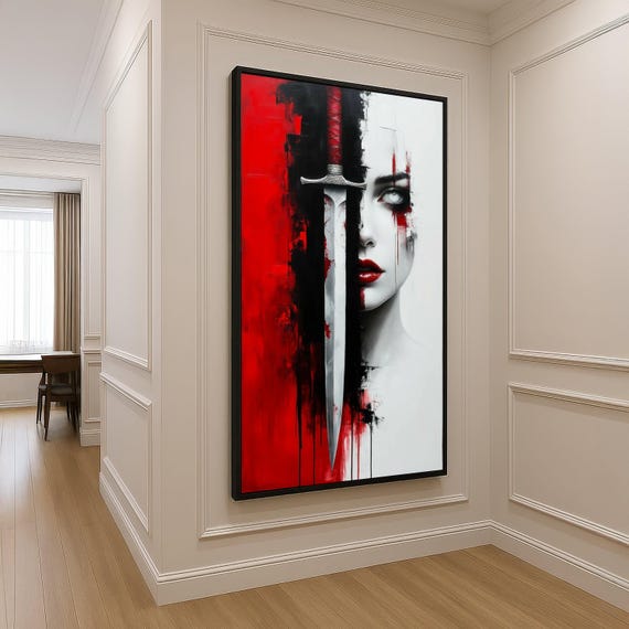 Dramatic Woman Face Behind Sword Red Black White Abstract Wall Art