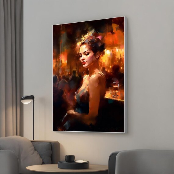 Elegant Woman at Bar Cinematic Warm Nightlife Oil Painting Wall Art