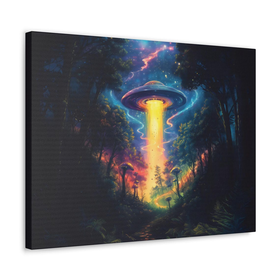 Flying Saucer Light Beam in Dark Mystic Mushroom Woods Poster
