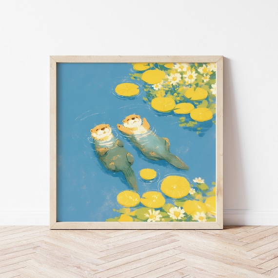 Cute Otter Swimming Illustration, Nursery Animal Art Print