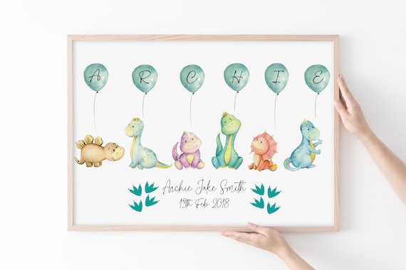 Personalised Dinosaur Balloon Watercolor Art Print