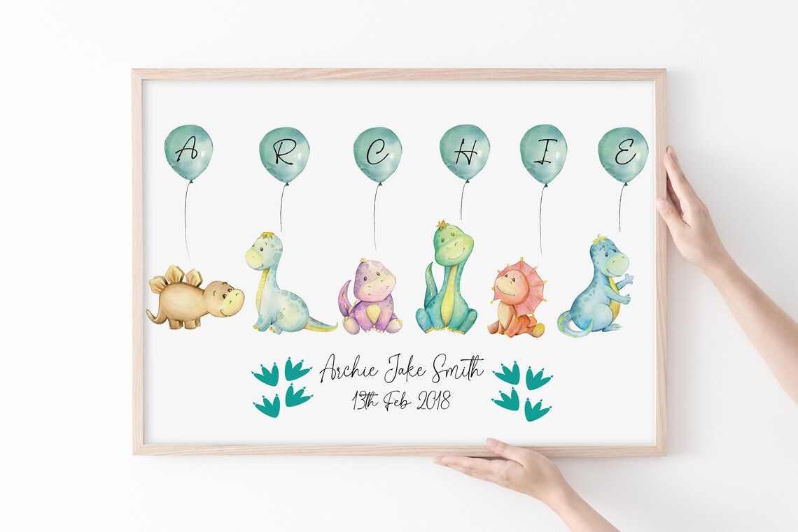 Personalised Dinosaur Balloon Watercolor Art Print
