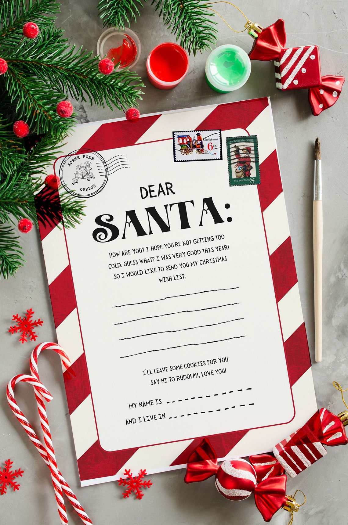 Dear Santa Wish List Letter Kids Christmas Eve North Pole Print