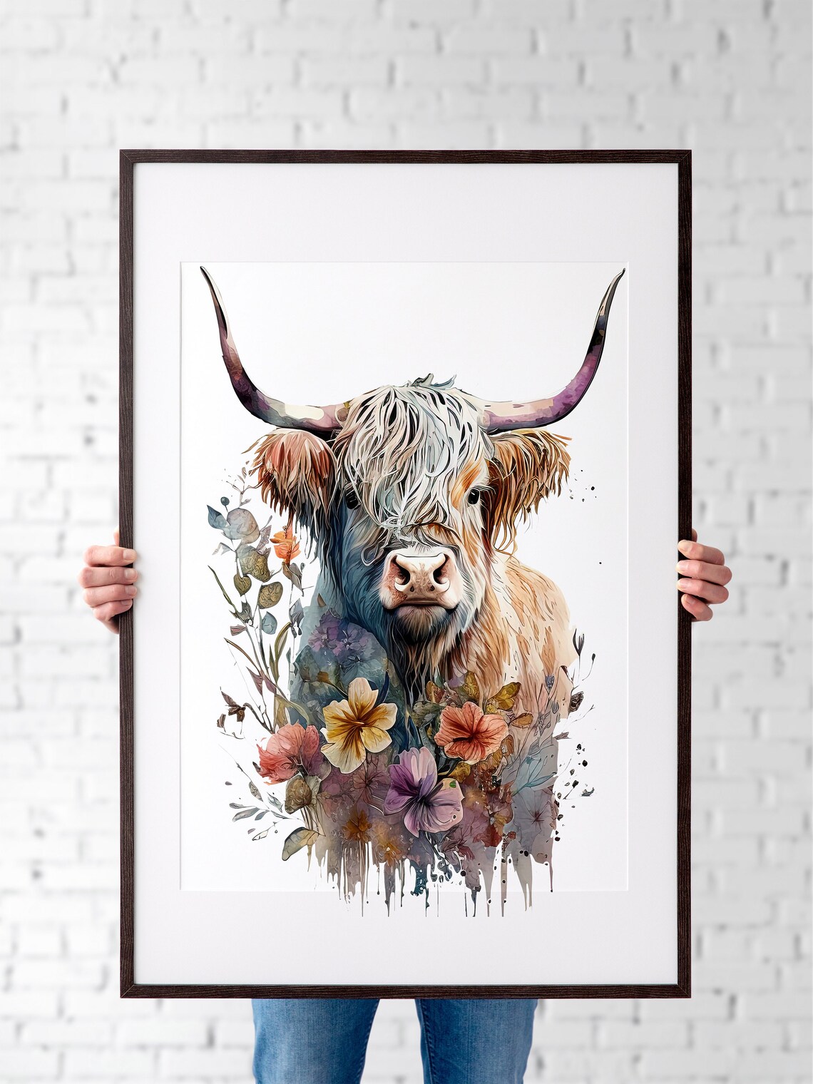 Watercolour Highland Cow Botanical Autumn Art Print