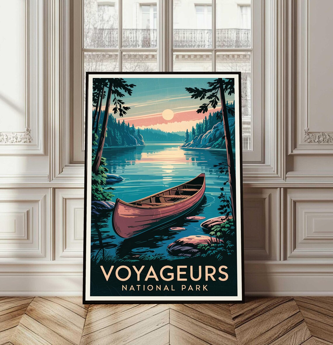 Voyageurs National Park Canoe on Sunset Lake Vintage Travel Poster