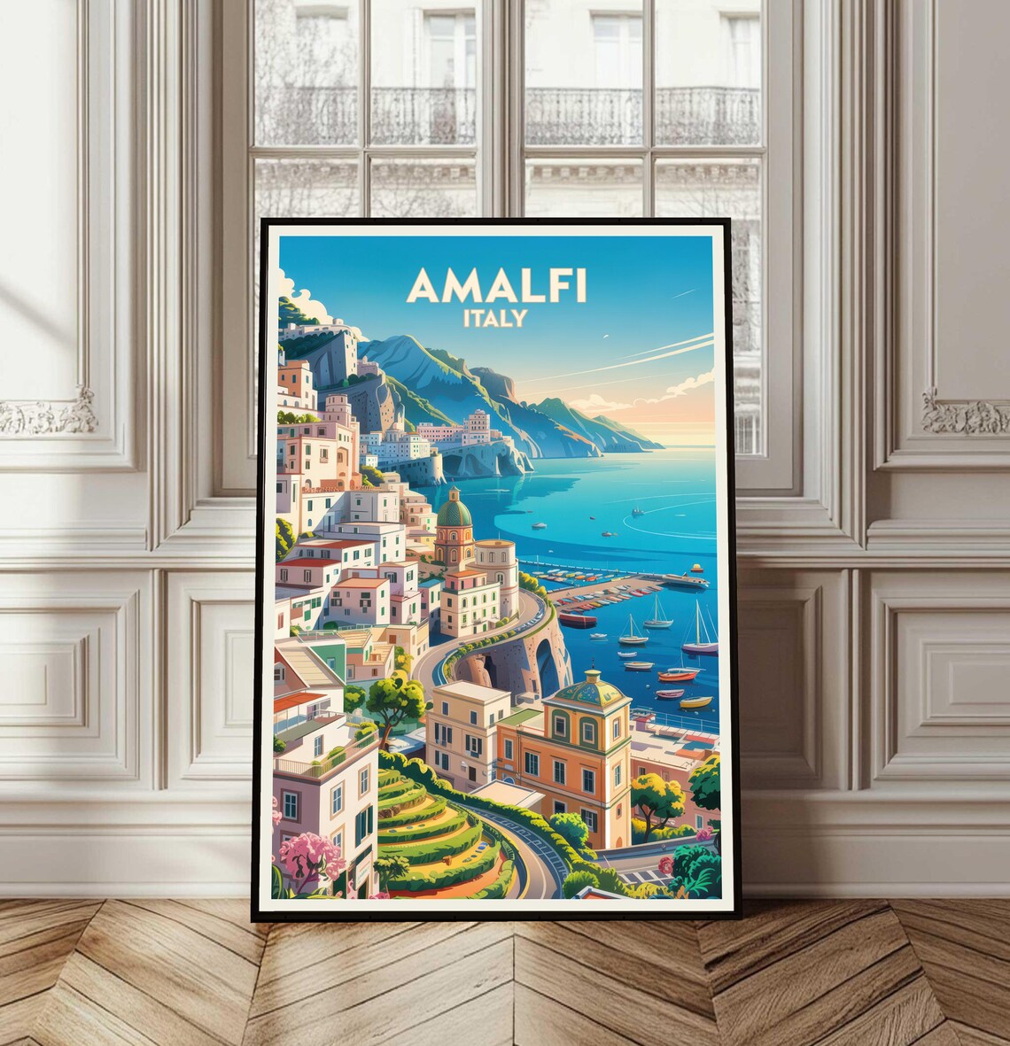 Amalfi Italy Vintage Travel Poster Coastal Town Cliffside View