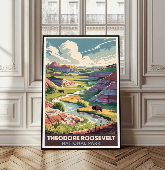 Theodore Roosevelt National Park Bison Badlands Vintage Travel Poster