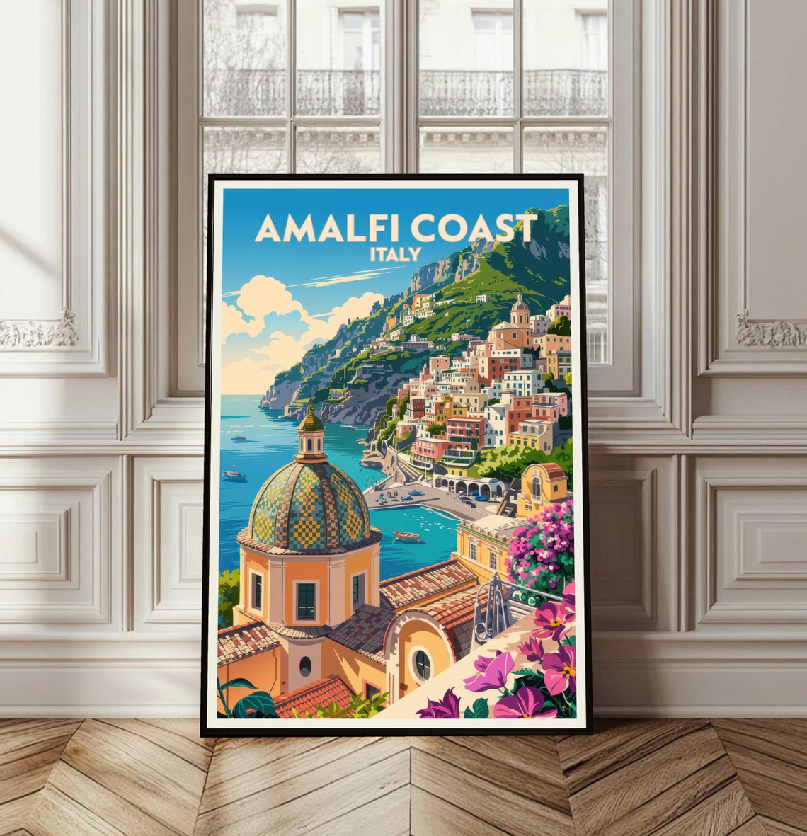 Amalfi Coast Italy Vintage Travel Poster Sunny Village Cliffs Artwork