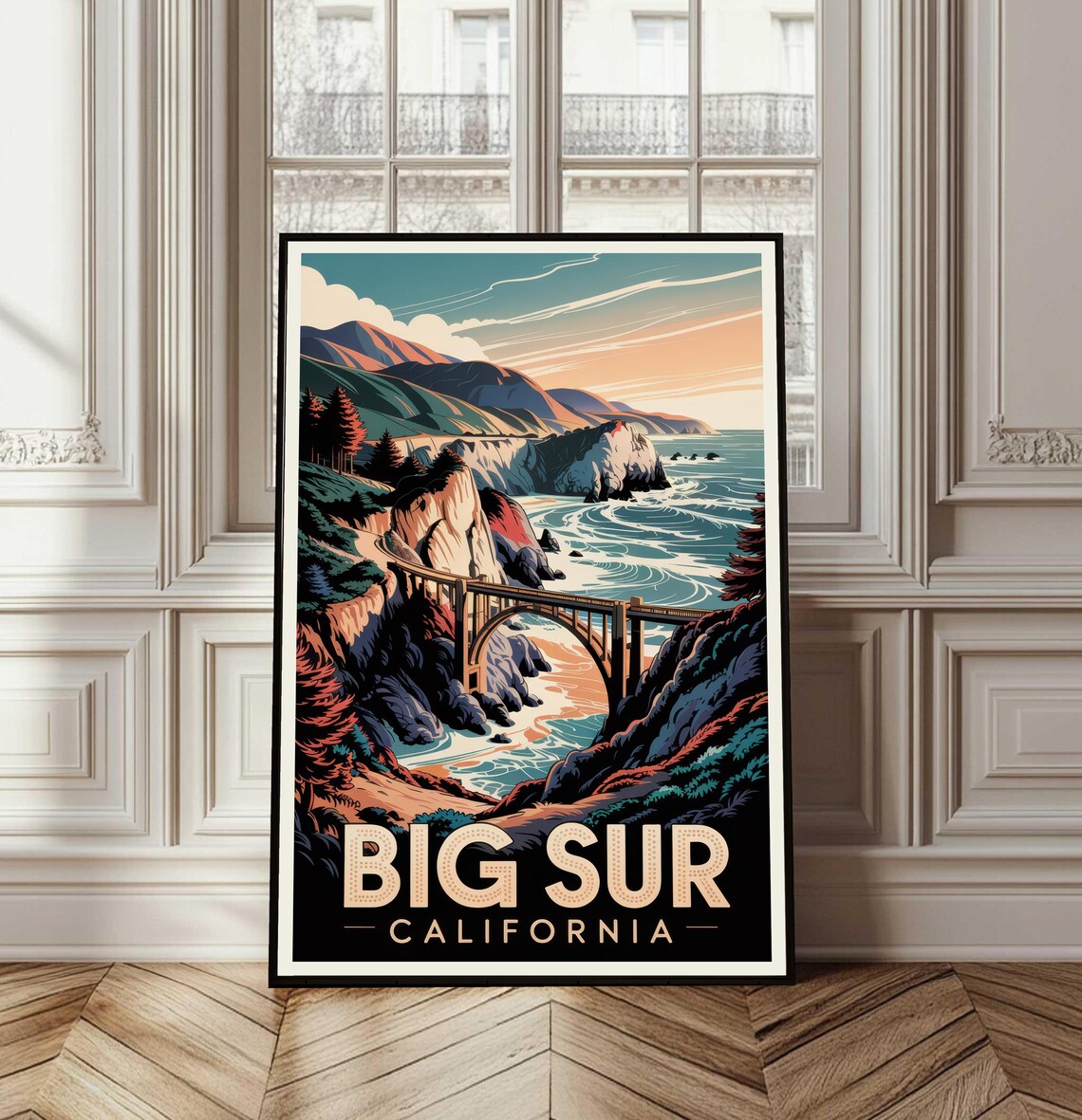 Big Sur California Bixby Bridge Cliffs Sunset Vintage Travel Poster