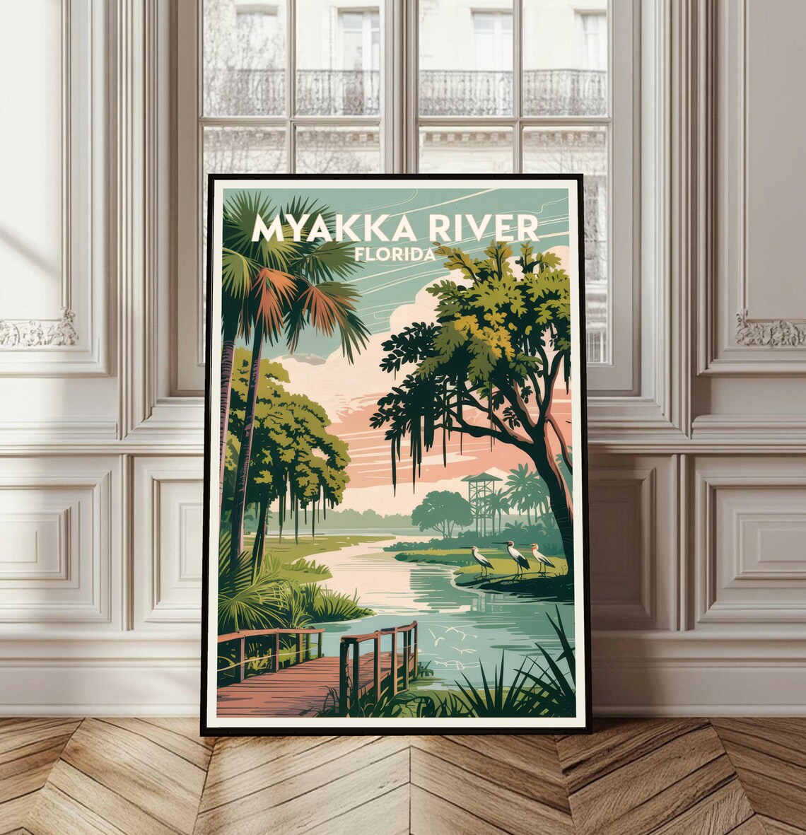 Myakka River Florida Vintage Travel Poster Boardwalk Palms Birds Artwork