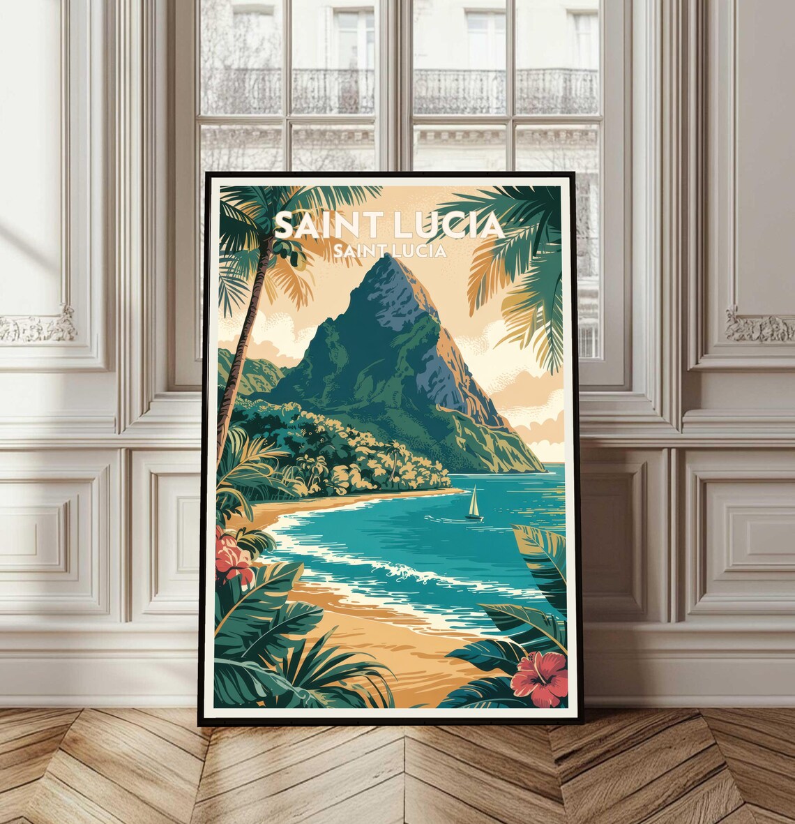 Saint Lucia Pitons Beach Vintage Travel Poster Caribbean Island