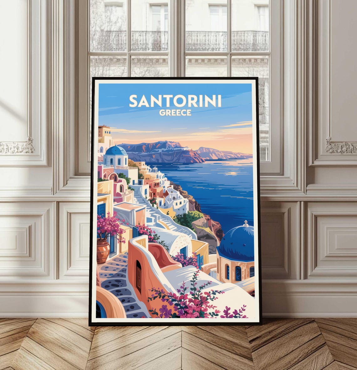 Santorini Greece Whitewashed Cliffs Blue Domes Retro Travel Poster