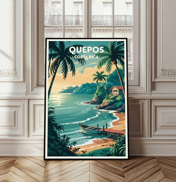 Quepos Costa Rica Vintage Travel Poster Palm Tree Beach Illustration
