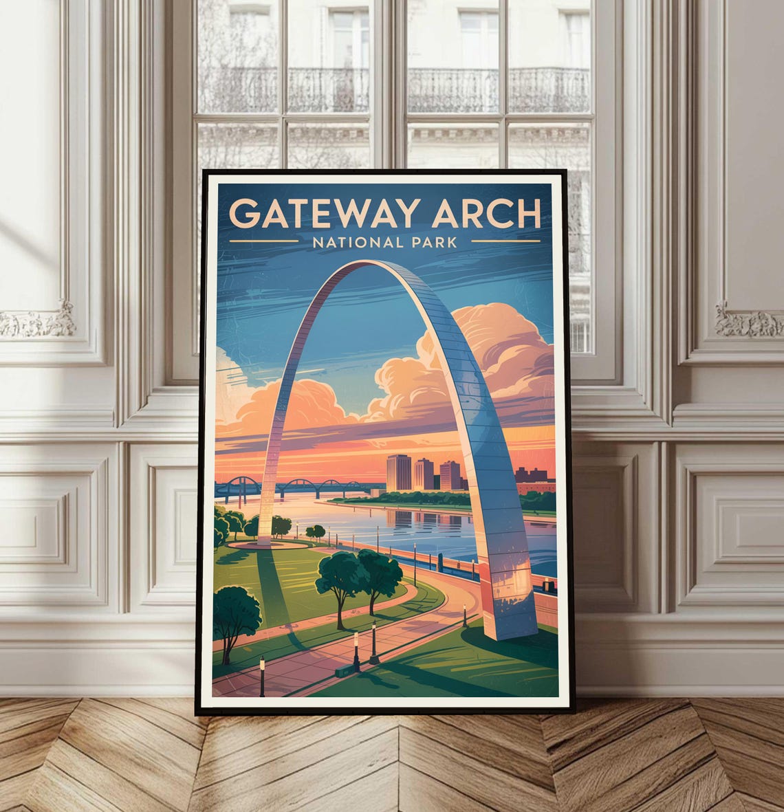 Gateway Arch St Louis Sunset Vintage National Park Travel Poster