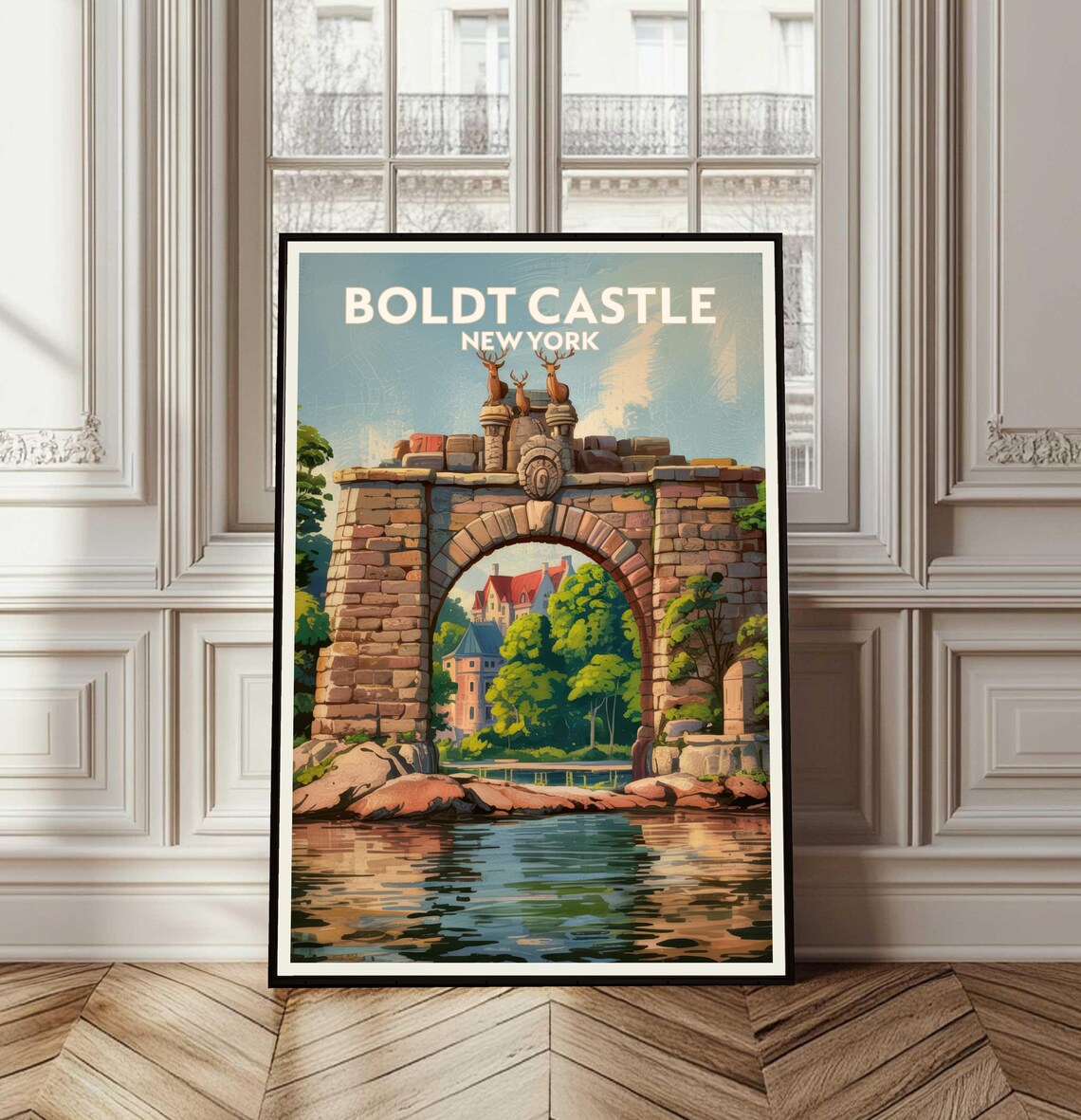 Boldt Castle New York Stone Arch Deer Statues Vintage Travel Poster