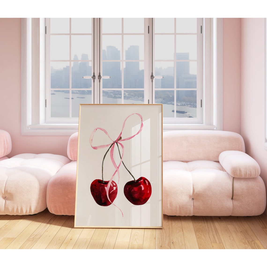 Text Free Watercolor Cherry Art With Pink Bow Coquette Poster - Image 3