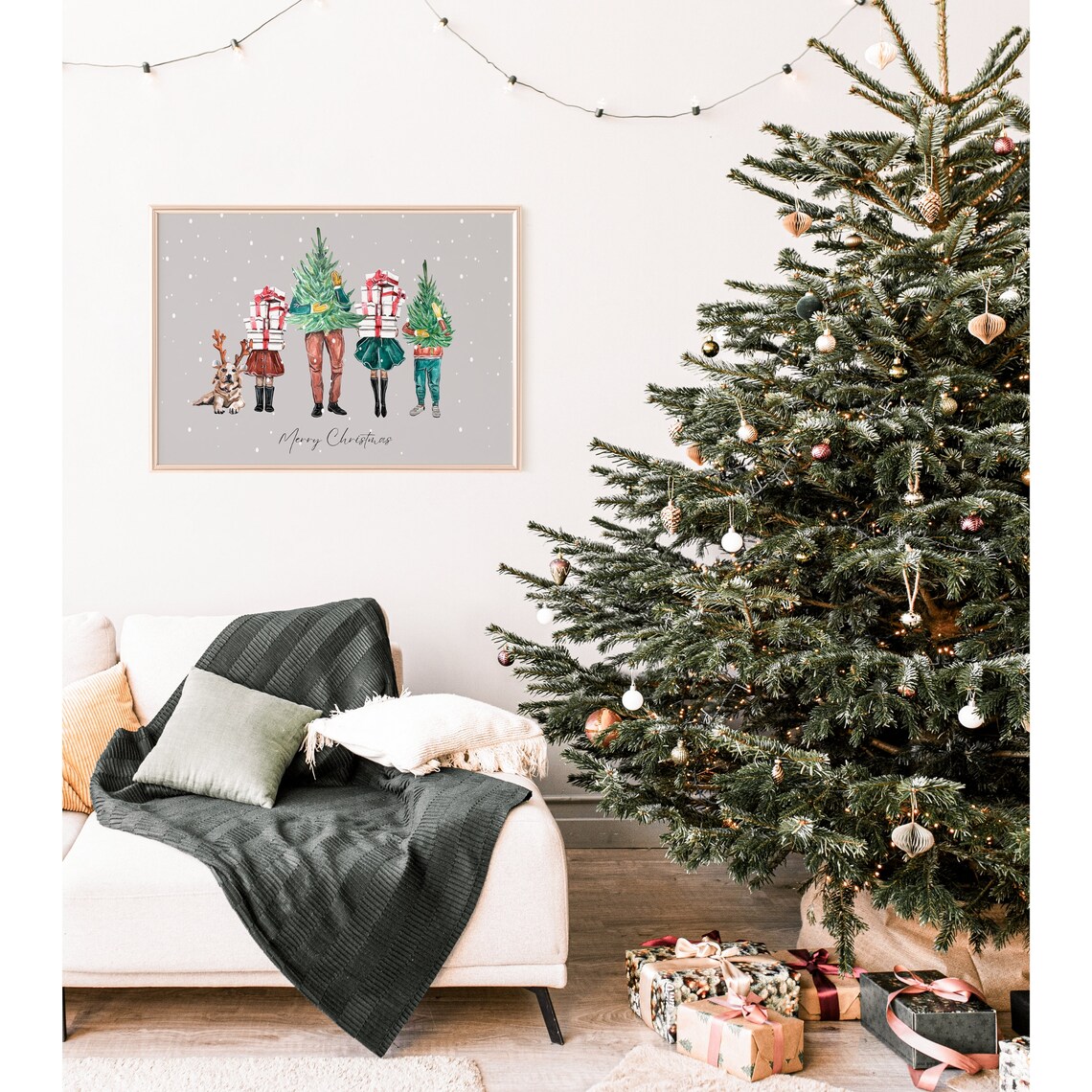 Watercolor Christmas Family Carrying Gifts Trees And Dog Poster - Image 2
