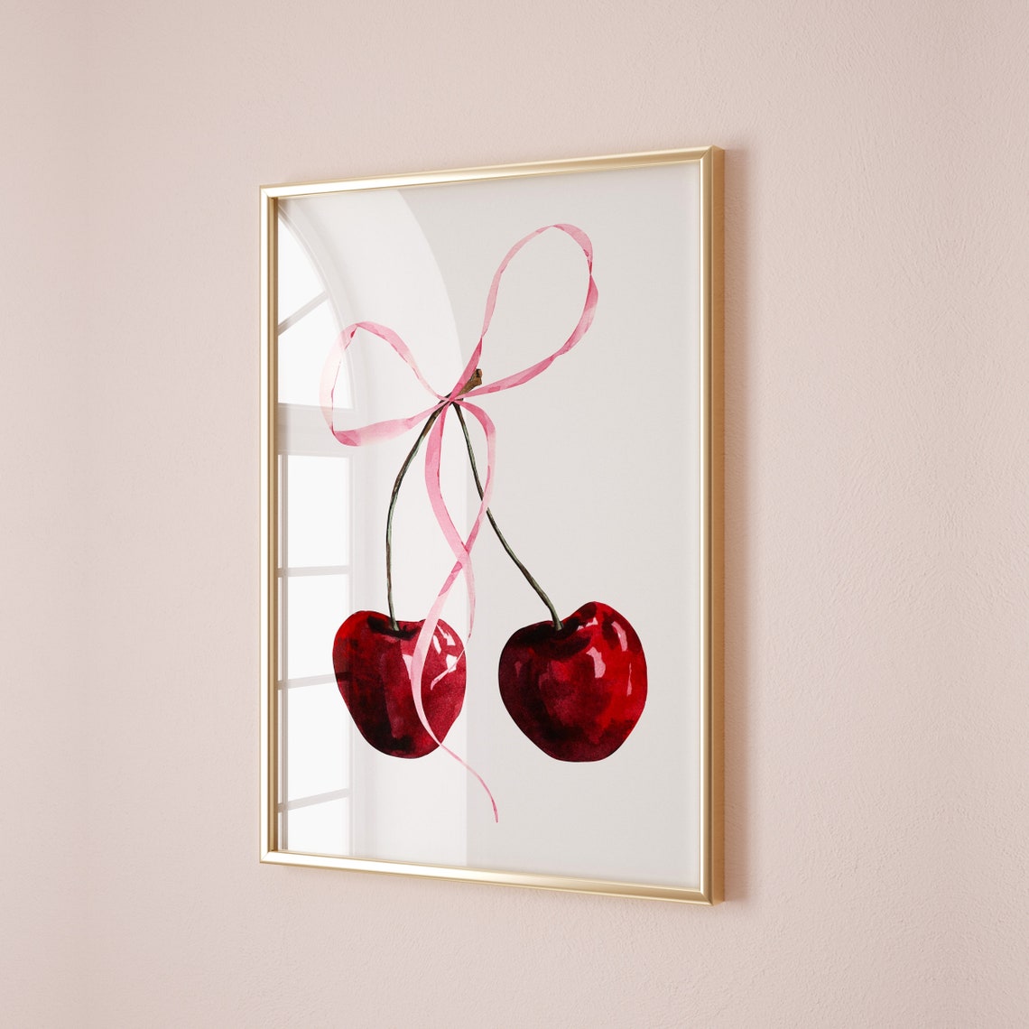 Text Free Watercolor Cherry Art With Pink Bow Coquette Poster - Image 2