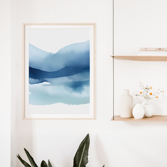 Blue Ombre Watercolor Waves Mountains Abstract Coastal Poster