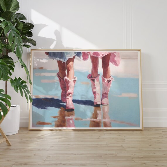 Two Cowgirls Pink Boots Reflecting On Blue Water Western Art Poster