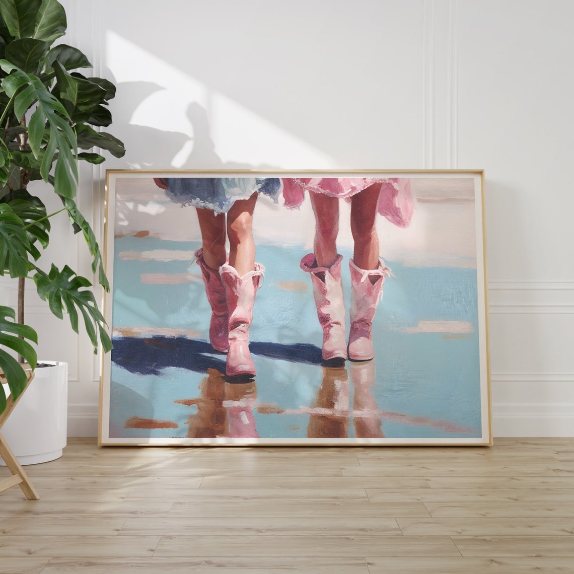 Coastal Cowgirl Print Preppy Oil Painting Pink Cowboy Boots Wall Art Beachy Western Decor Pink And Baby Blue Art Instant