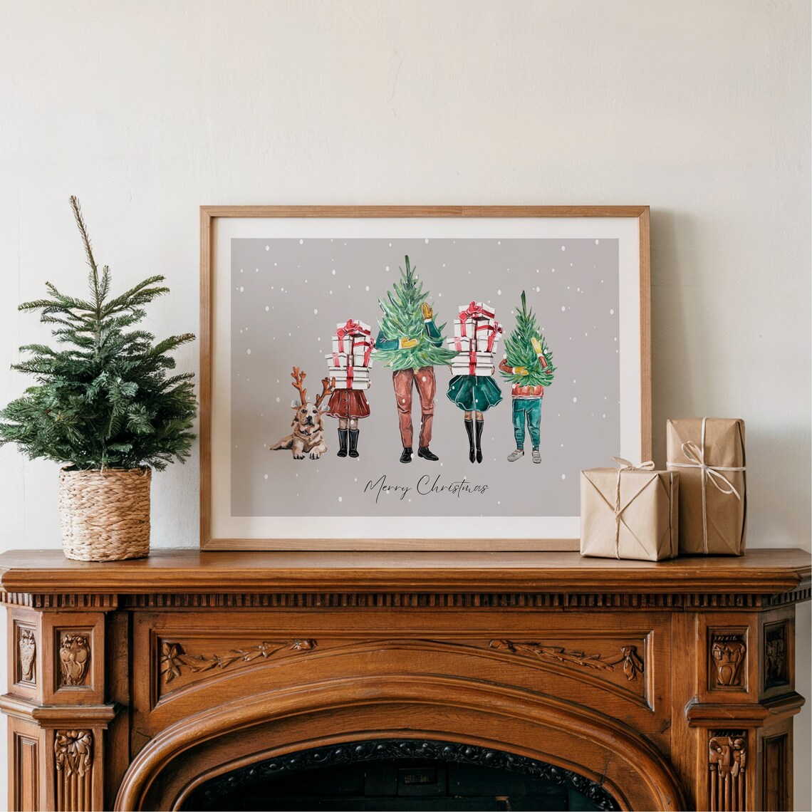 Watercolor Christmas Family Carrying Gifts Trees And Dog Poster - Image 3