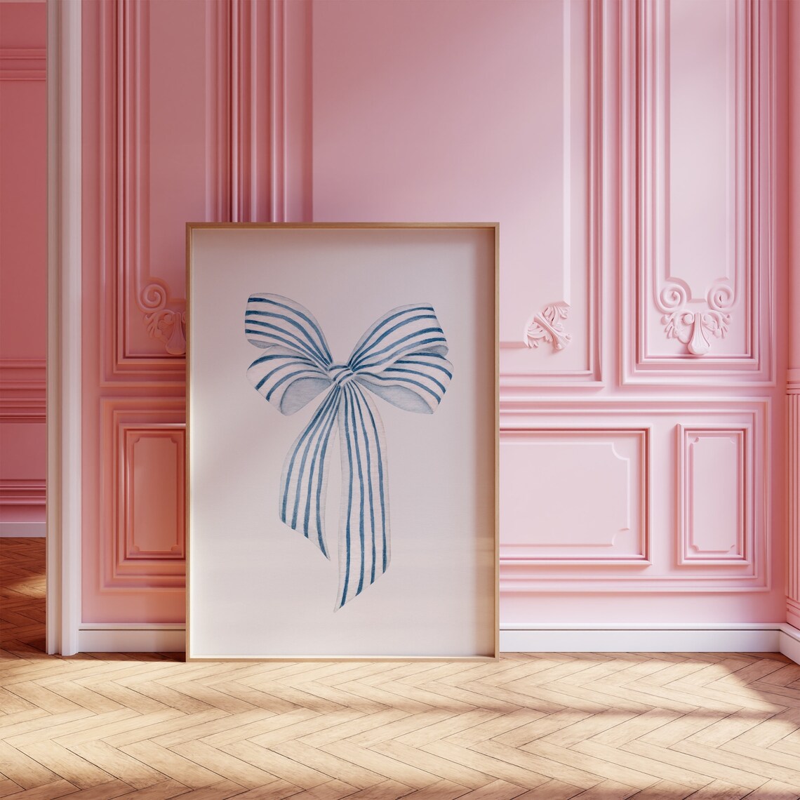 Blue Striped Watercolor Bow Coquette Bedroom Preppy Art Poster