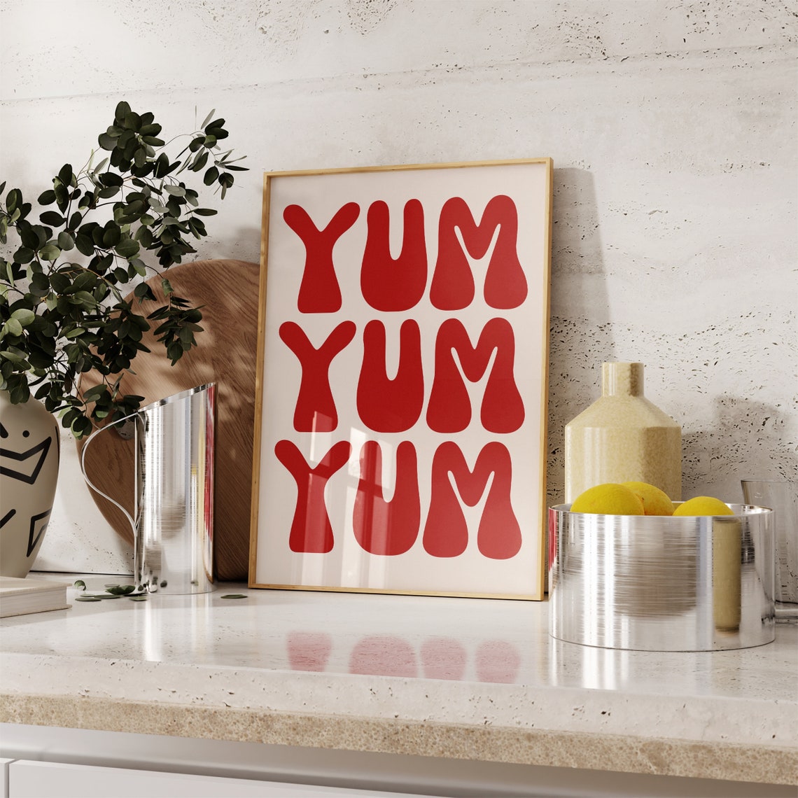 Yum Yum Yum Retro Bubble Letter Red Typography Kitchen Poster - Image 3