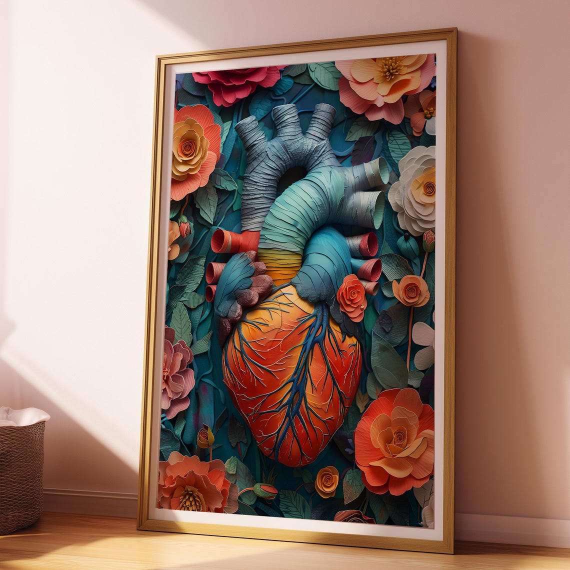 Anatomical Heart Blooming Flowers Paper Cut Style Modern Art Print