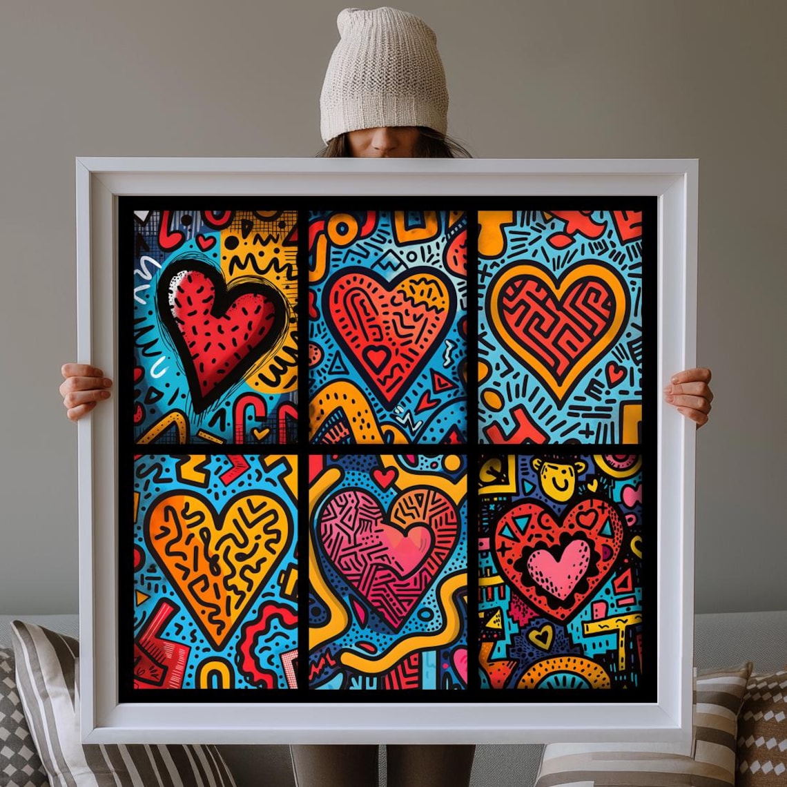 Pop Art Hearts Doodle Panels Colorful Love Valentine Graphic Poster