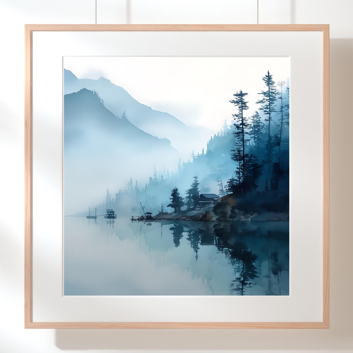Misty Blue Mountain Lake Watercolor Foggy Pines Landscape Art Print