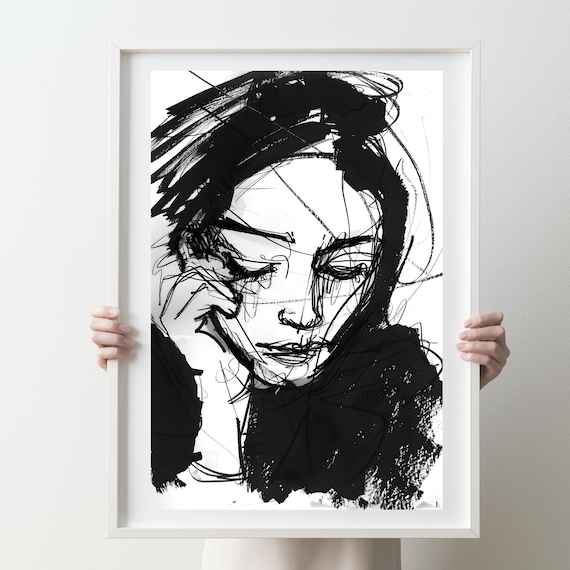 Charcoal Woman Portrait Sketch Poster Black White Pencil Drawing Art