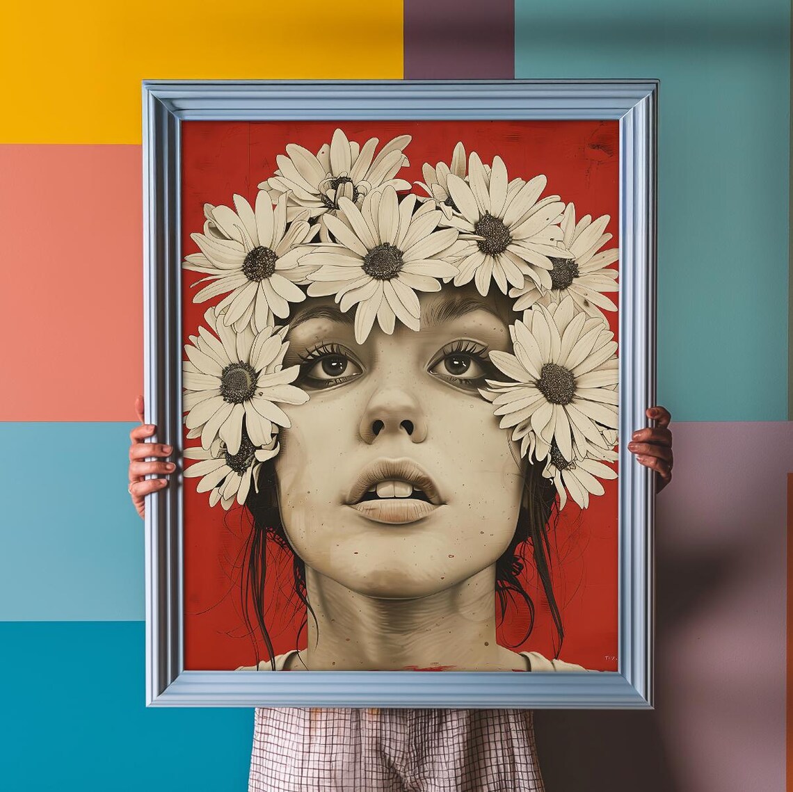 Flora Interrupta Woman Daisy Crown Botanical Portrait Poster