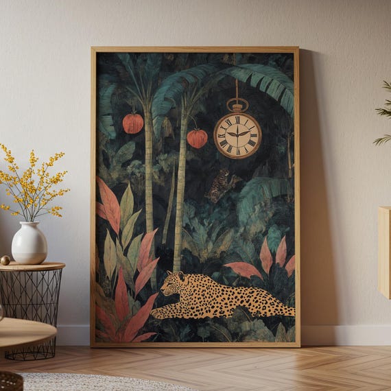 Jungle Clock Leopard Art Print Exotic Timepiece Wall Decor Whimsical Wildlife Illustration