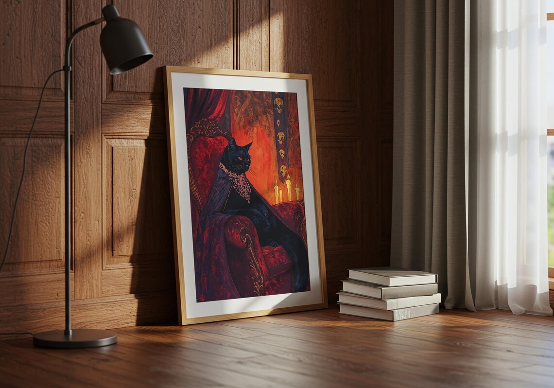 Regal Black Cat on Red Velvet Throne Dark Baroque Royal Pet Portrait Wall Art - Image 2
