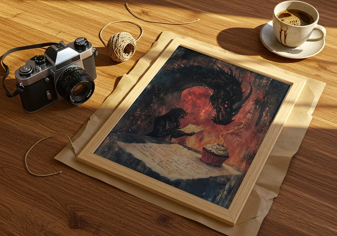 Dark Dragon Girl Reading Letter Candlelit Cupcake Fantasy Art Poster - Image 2