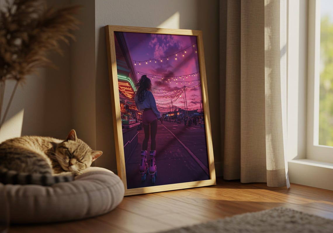 Roller Skater Sunset Boardwalk String Lights Retro Neon Art Poster - Image 2