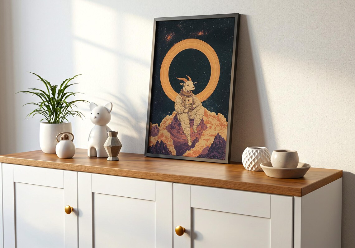 Surreal Goat Astronaut on Cosmic Mountain Golden Halo Vintage Space Wall Art - Image 2