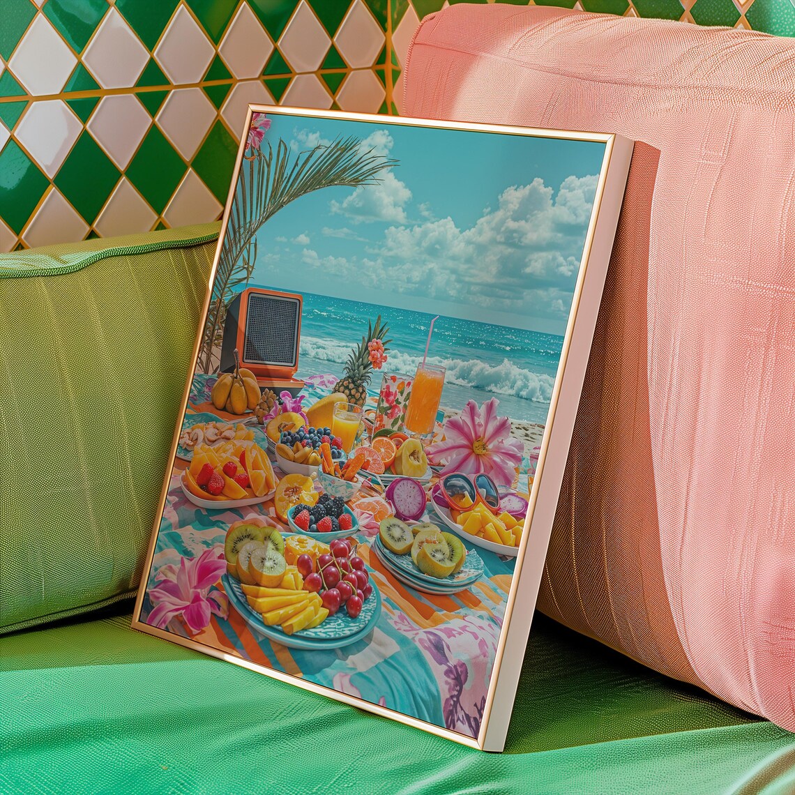 Tropical Beach Picnic Art Print Vibrant Summer Fruit Poster Oceanfront Brunch Wall - Image 4