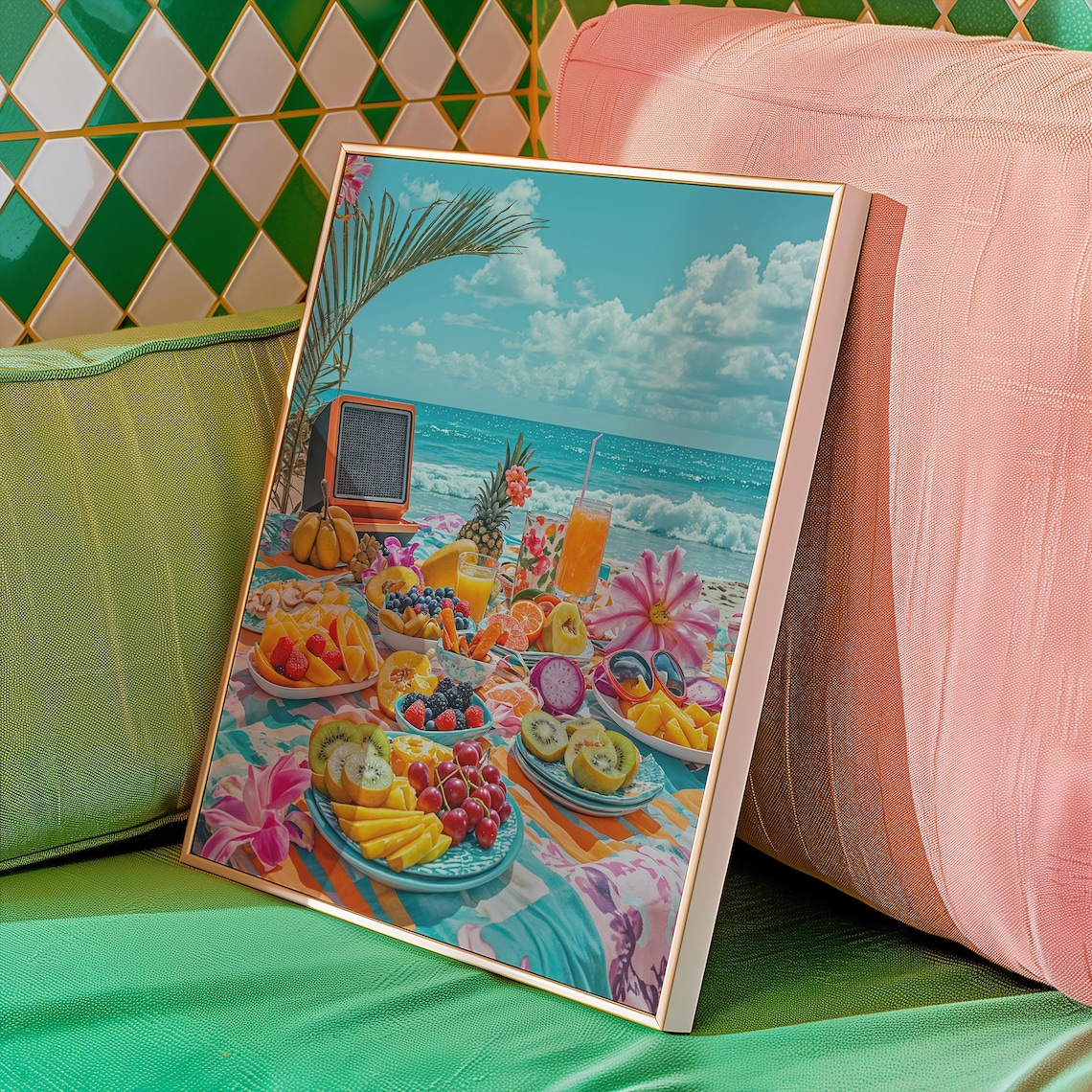 Tropical Beach Picnic Fruit Feast Retro Boombox Summer Art Poster - Image 4