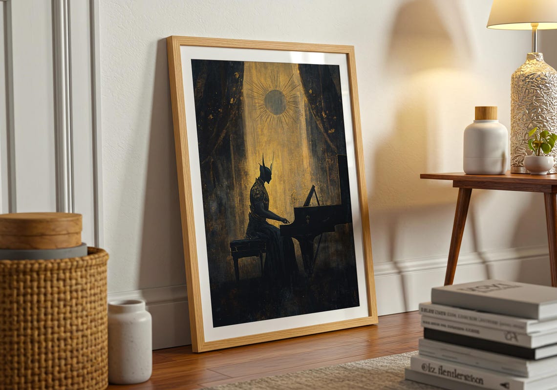 Mystical Pianist Silhouette Golden Dark Surreal Dreamy Wall Poster - Image 3