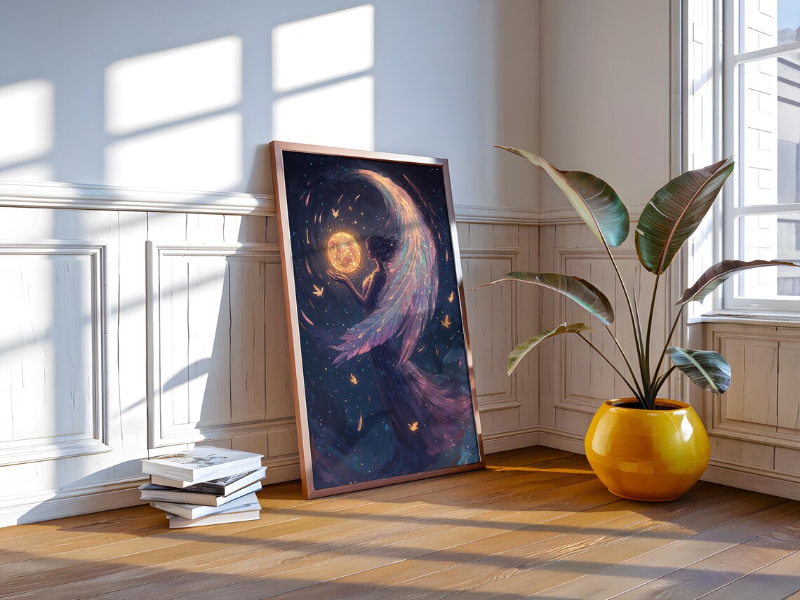 Celestial Angel Sun Orb Golden Wings Night Sky Fantasy Dream Poster - Image 5