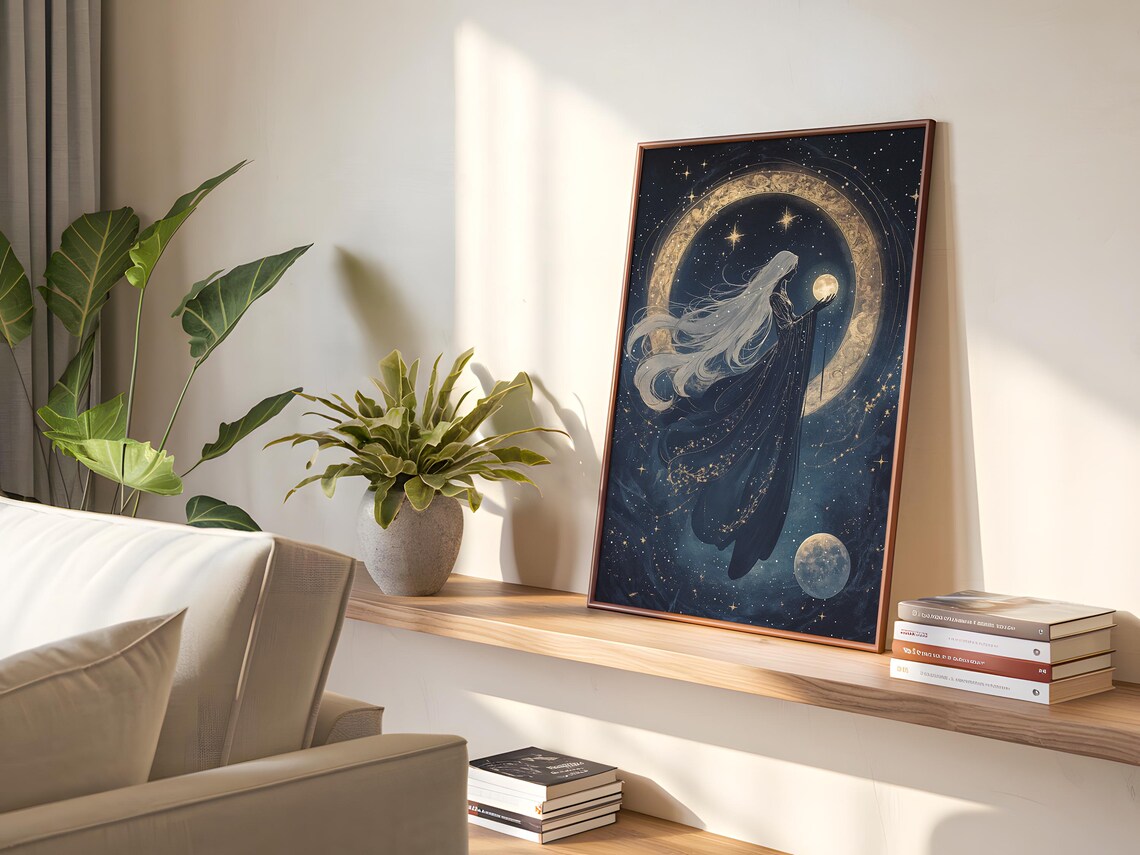 Golden Moon Ring Goddess White Hair Starry Night Celestial Poster - Image 3